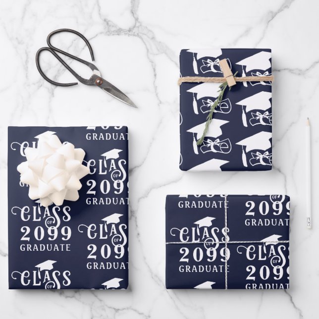 Graduation Class Year Navy Blue White Cap Diploma Wrapping Paper Sheet (Front)