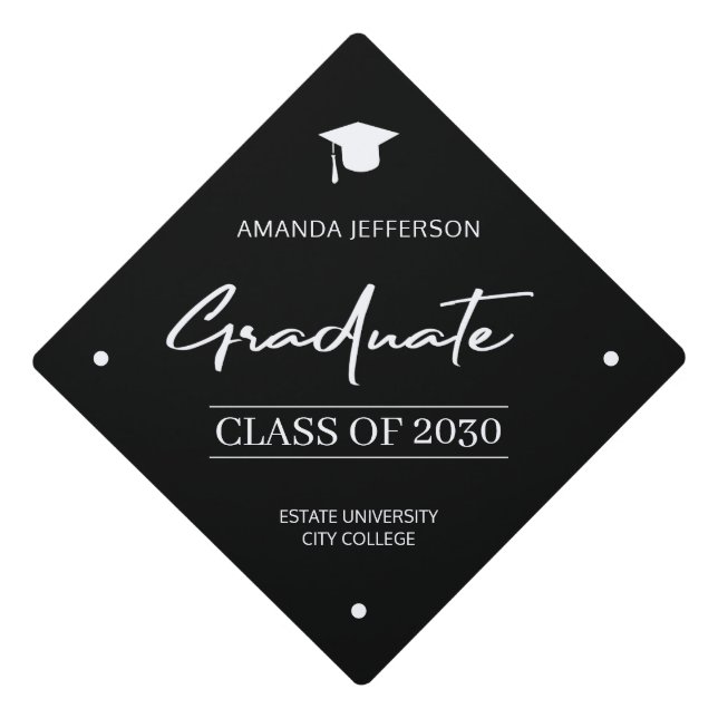 Graduation class year school elegant black white g graduation cap topper (Front)