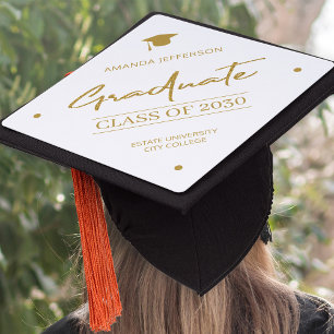 Graduation class year school elegant gold script graduation cap topper