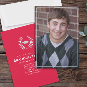 Graduation Classic Photo Crimson Red Laurel Leaves Invitation