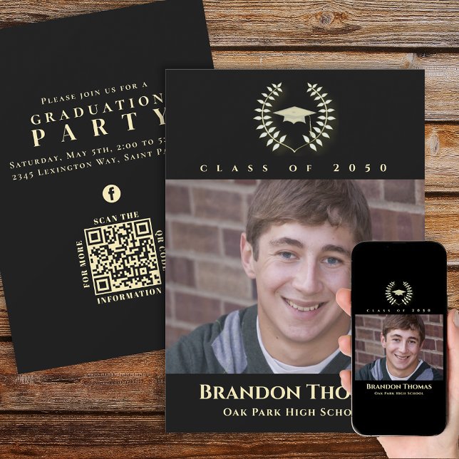 Graduation Classic Photo Laureate Laurel Gold Invitation (Creator Uploaded)