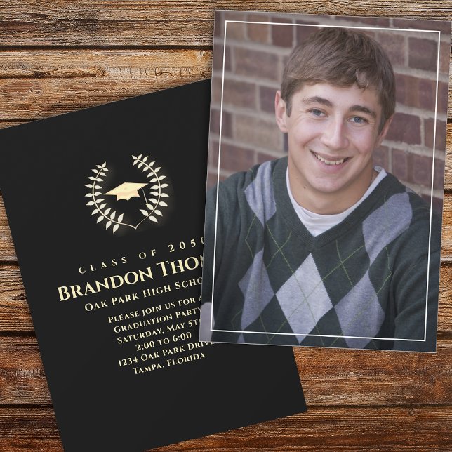 Graduation Classic Photo Laureate Laurel Gold Invitation (Creator Uploaded)