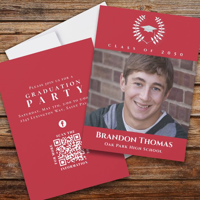 Graduation Classic Photo Laureate Laurel Red Invitation (Creator Uploaded)