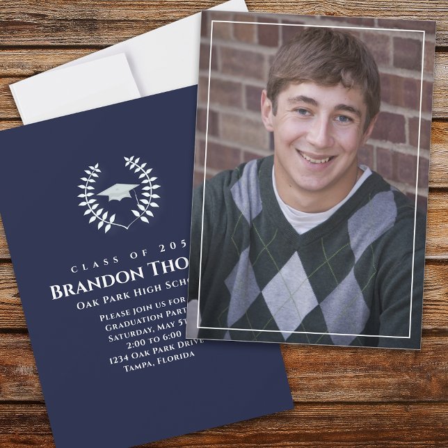 Graduation Classic Photo Navy Blue Laureate Laurel Invitation (Creator Uploaded)