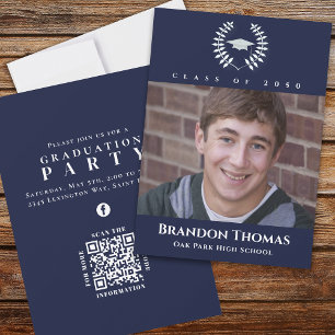 Graduation Classic Photo Navy Blue Laureate Laurel Invitation