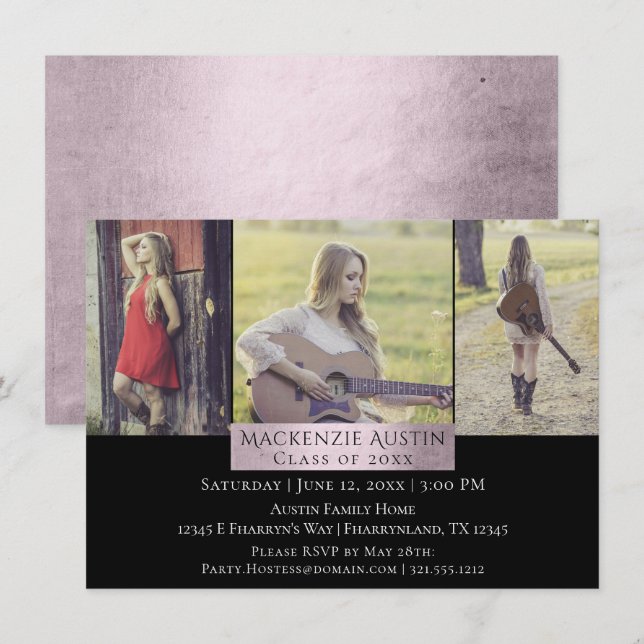 Graduation Collage | Pink Rose Blush 3 Photo Grad Invitation (Front/Back)