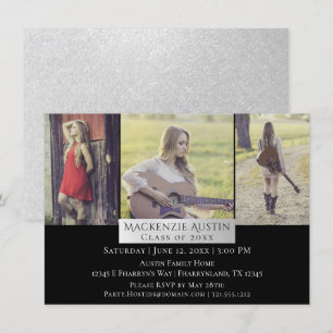 Graduation Collage   Silver Chic Triple 3 Photo Invitation