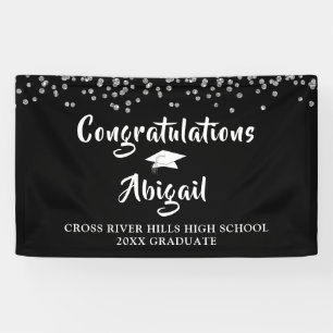 Graduation Confetti Brush Script Black and Silver Banner