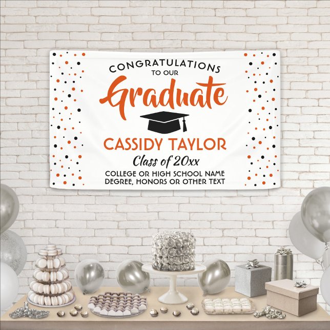 Graduation Confetti Modern Orange White and Black Banner (Creator Uploaded)