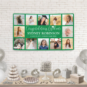 Graduation Congrats 12 Photo Collage Green & White Banner