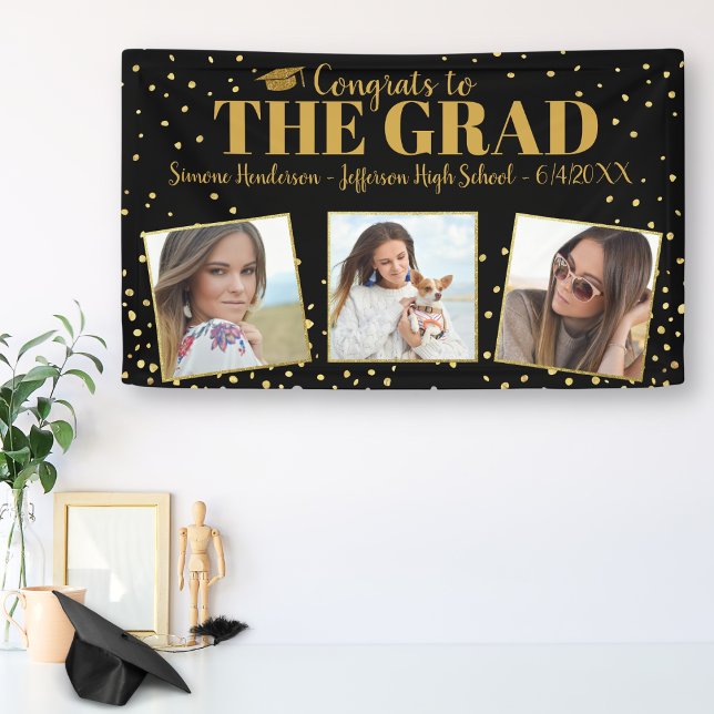Graduation Congrats 3 Photos Gold Glitter Confetti Banner (Creator Uploaded)