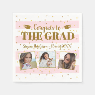 Graduation Congrats 3 Photos Gold Glitter Stripes Napkin