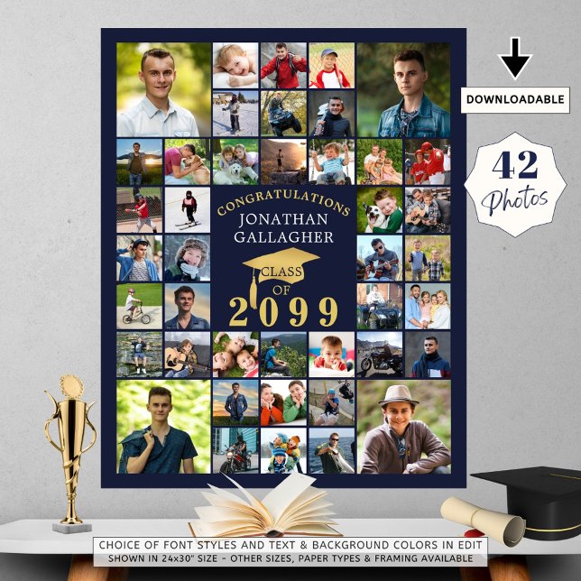 Graduation Congrats 42 Photo Collage Navy Gold Poster (Creator Uploaded)