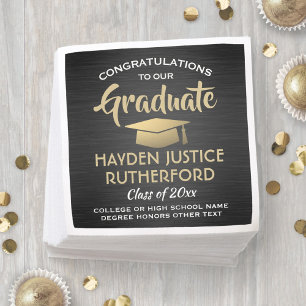 Graduation Congrats Brushed Black Gold and White Napkin