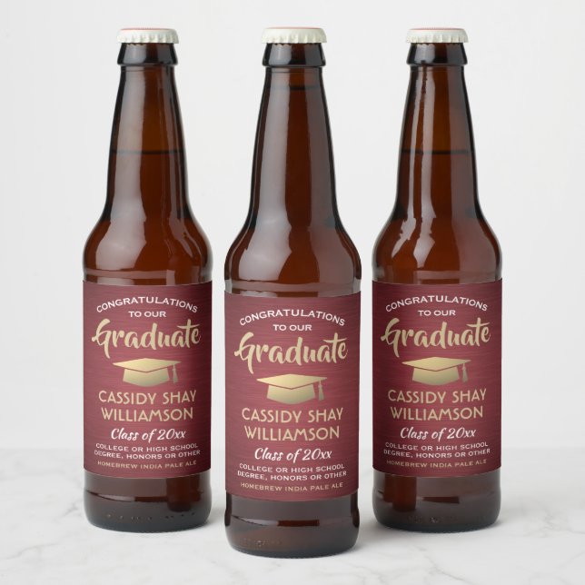 Graduation Congrats Brushed Burgundy Gold & White Beer Bottle Label (Bottles)