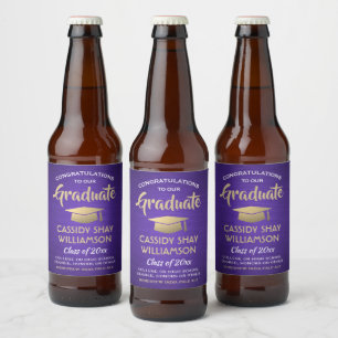 Graduation Congrats Brushed Purple Gold and White Beer Bottle Label