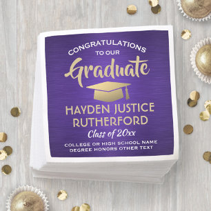 Graduation Congrats Brushed Purple Gold and White Napkin