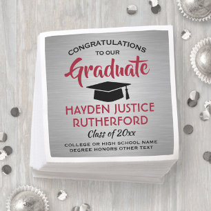 Graduation Congrats Brushed Silver Grey Red Black Napkin