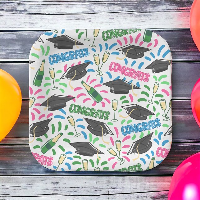 Graduation Congrats Champagne Confetti Colourful  Paper Plate (Creator Uploaded)