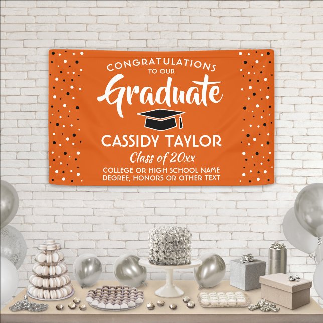 Graduation Congrats Confetti Orange White & Black Banner (Creator Uploaded)