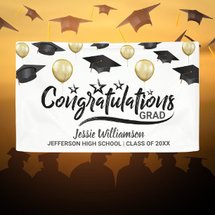 Graduation Congrats Grad Black Gold Balloon Custom Banner