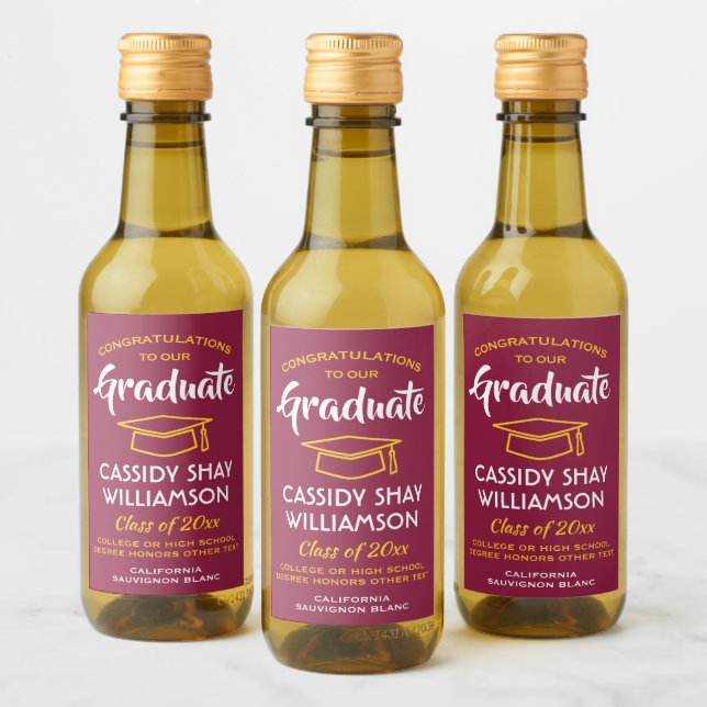 Graduation Congrats Maroon Red Gold Yellow Mini Wine Label (Bottles)
