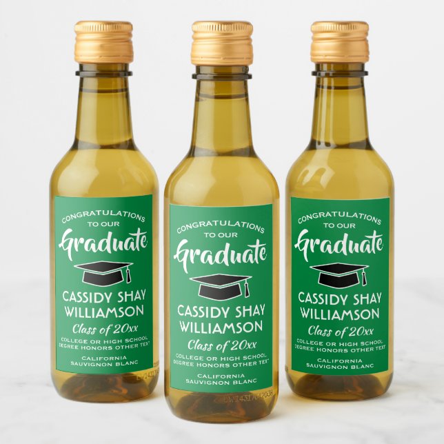 Graduation Congrats Modern Green White Black Mini Wine Label (Bottles)