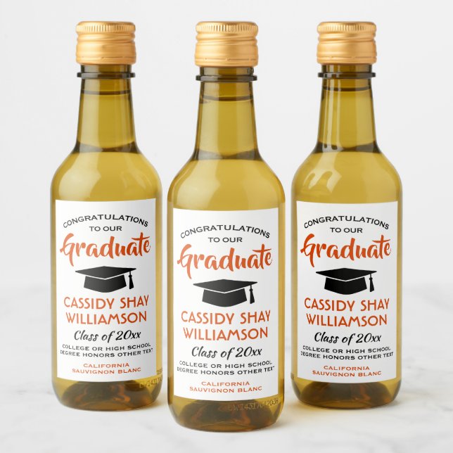 Graduation Congrats Modern Orange White Black Mini Wine Label (Bottles)