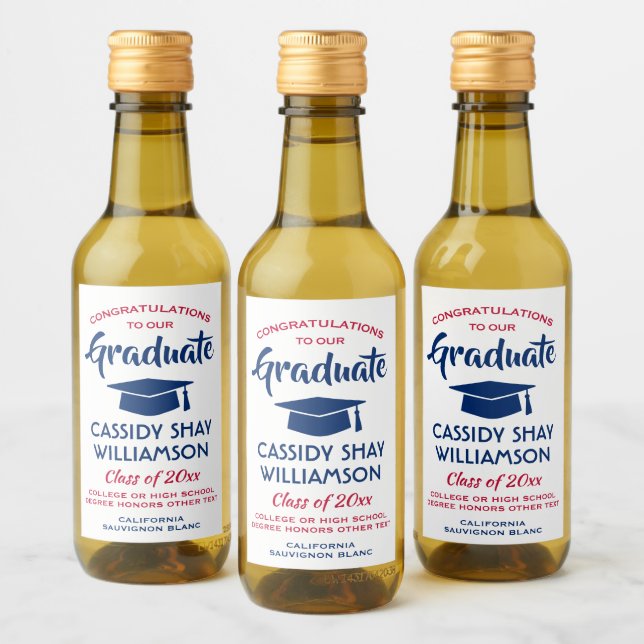 Graduation Congrats Modern Red White and Blue Mini Wine Label (Bottles)