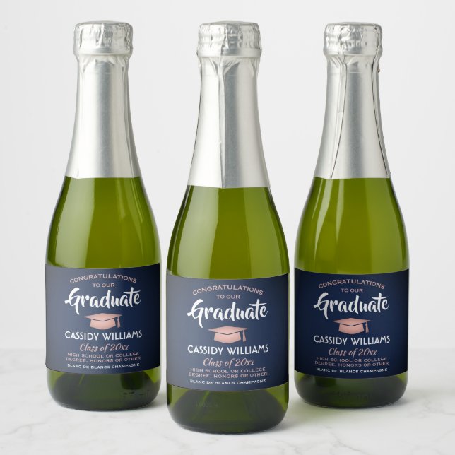 Graduation Congrats Navy Blue and Pink Mini Split Sparkling Wine Label (Bottles)
