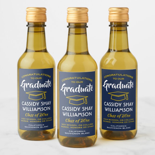 Graduation Congrats Navy Blue Gold Yellow Mini Wine Label (Bottles)
