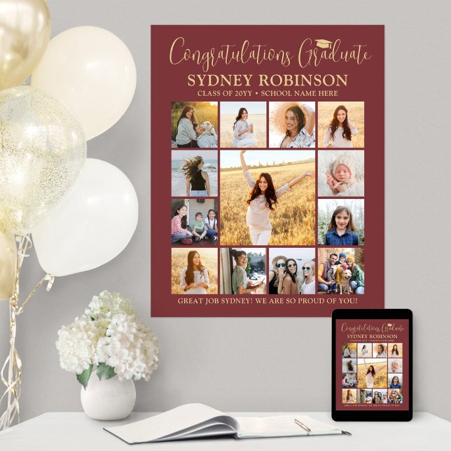 Graduation Congrats Photo Collage Burgundy & Gold Poster (Creator Uploaded)