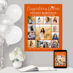 Graduation Congrats Photo Collage Orange and White Poster