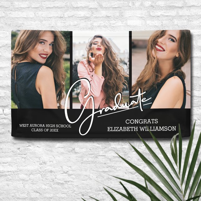 Graduation Congratulations Black Modern Photo Banner (Graduation Congratulations Modern 3 Photo on Black Banner)