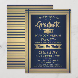 Graduation Congratulations Navy Blue and Gold Save The Date