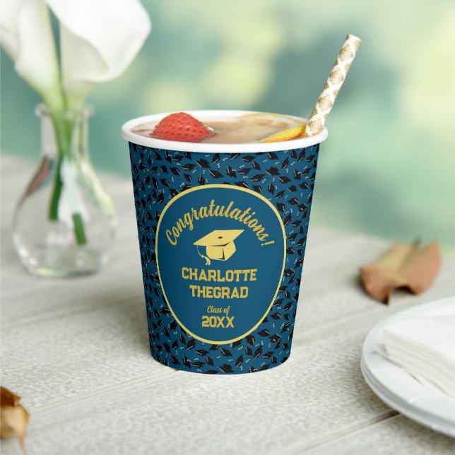 Graduation Congratulations Personalize Blue Gold Paper Cups (Insitu)