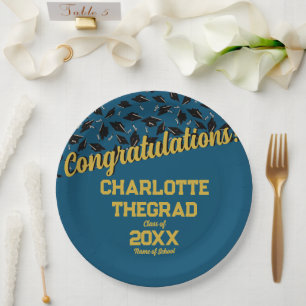 Graduation Congratulations Personalize Blue Gold Paper Plate