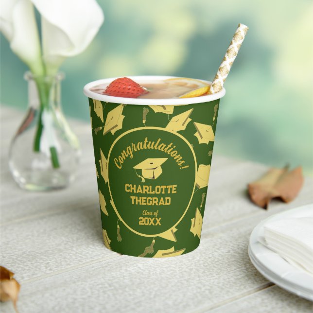 Graduation Congratulations Personalize Green Gold Paper Cups (Insitu)