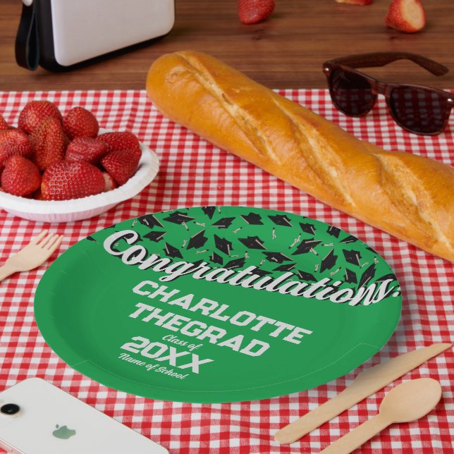 Graduation Congratulations Personalize Green White Paper Plate (Picnic)