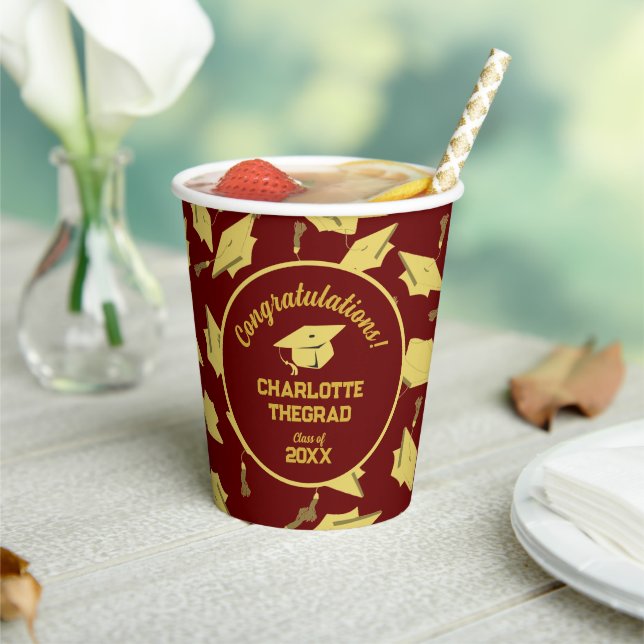 Graduation Congratulations Personalize Maroon Gold Paper Cups (Insitu)