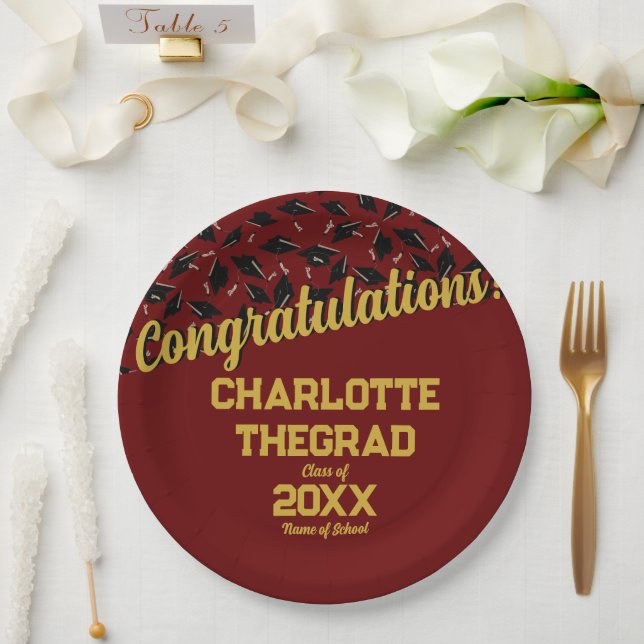 Graduation Congratulations Personalize Maroon Gold Paper Plate (Wedding)