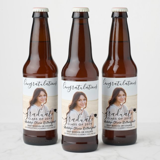 Graduation Congratulations Photo & Black Script Beer Bottle Label (Bottles)