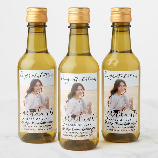 Graduation Congratulations Photo Black Script Mini Wine Label (Bottles)