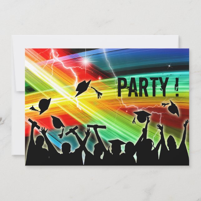 Graduation Crowd Throwing Caps Cosmic Lightning Invitation (Front)
