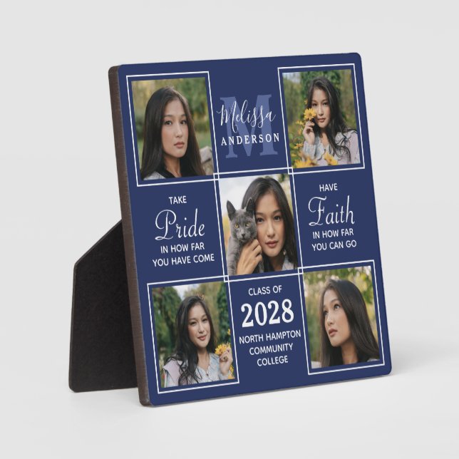 Graduation Custom 5 Photo Collage Senior Navy Blue Plaque (Front)