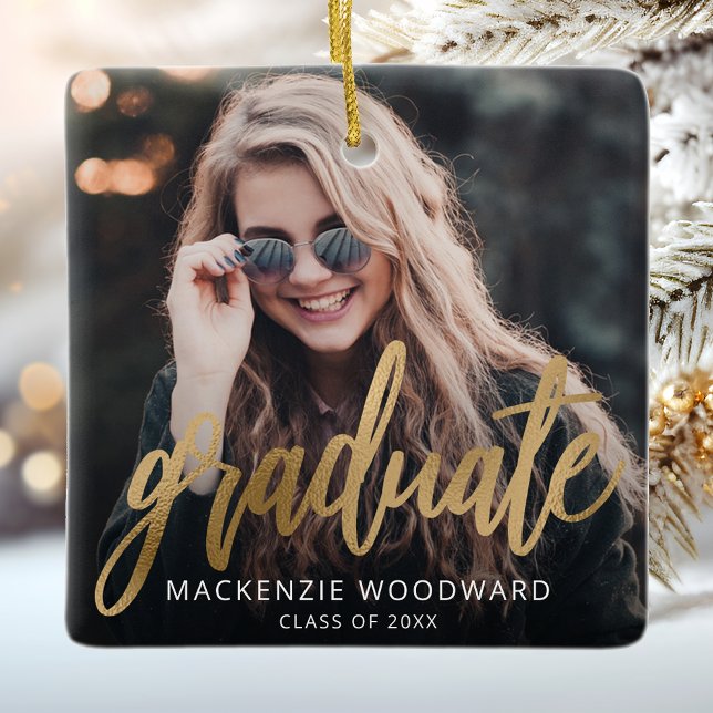 Graduation Custom Photo Gold Script Keepsake Ceramic Ornament (Creator Uploaded)