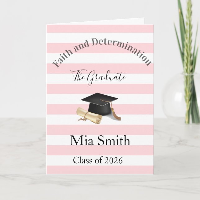 Graduation Cute Pink & White Stripe Greeting Card  (Front)