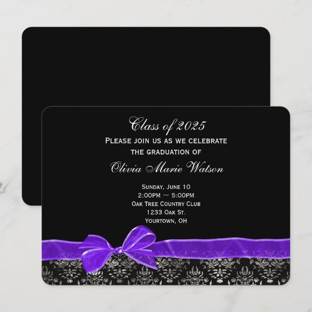 Graduation damask design with purple bow invitation (Front/Back)