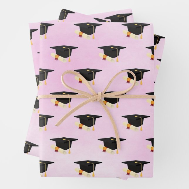 Graduation Day Cap and Diploma Pink Wrapping Paper Sheet (In situ)