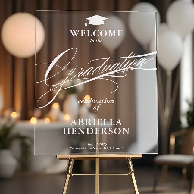 Graduation de script élégant et formel (Elegant Acrylic Welcome Sign for Grad PArty)
